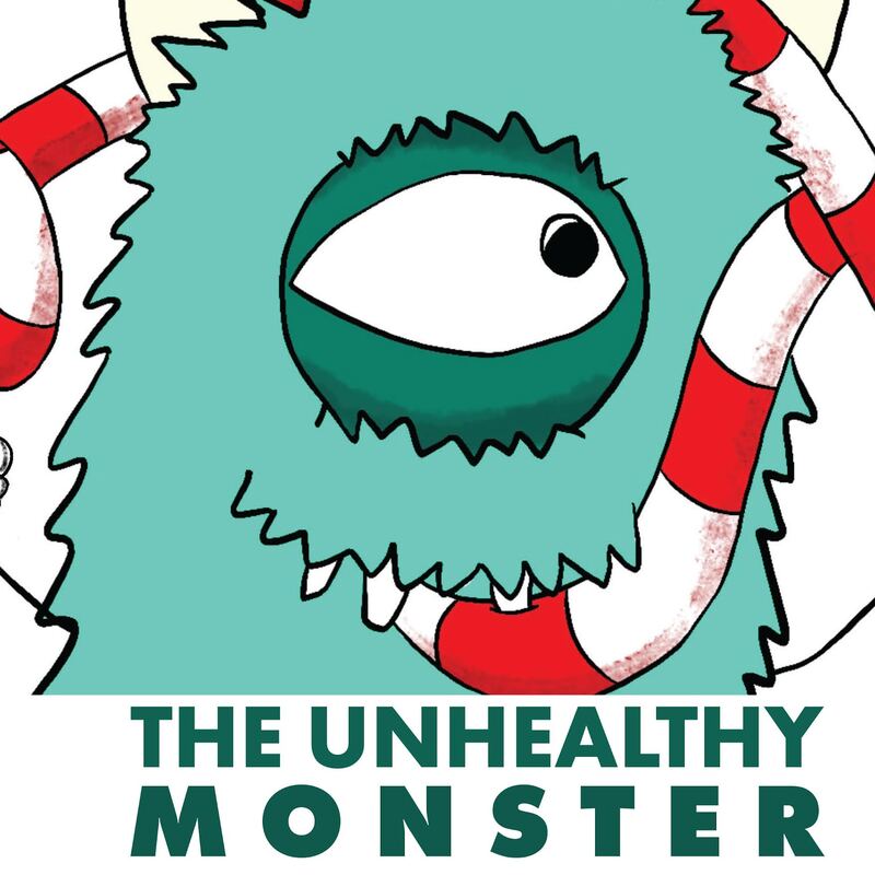 The Unhealthy Monster. A one eyed hairy monster with two horns on the top of his head, smiling while eating a candy cane snake.