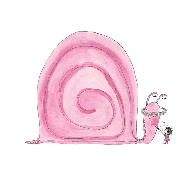watercolor drawing of a giant snail from the picture book, Pink.