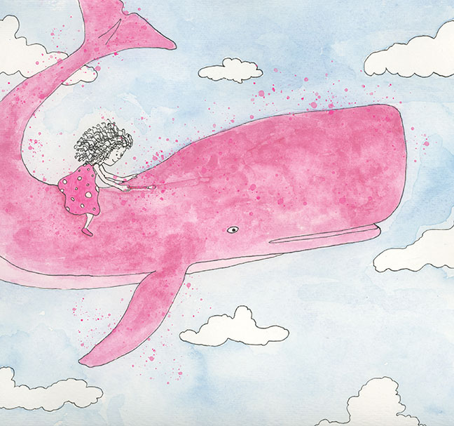 a watercolor illustration of a Pink Whale by Mimo Artist.